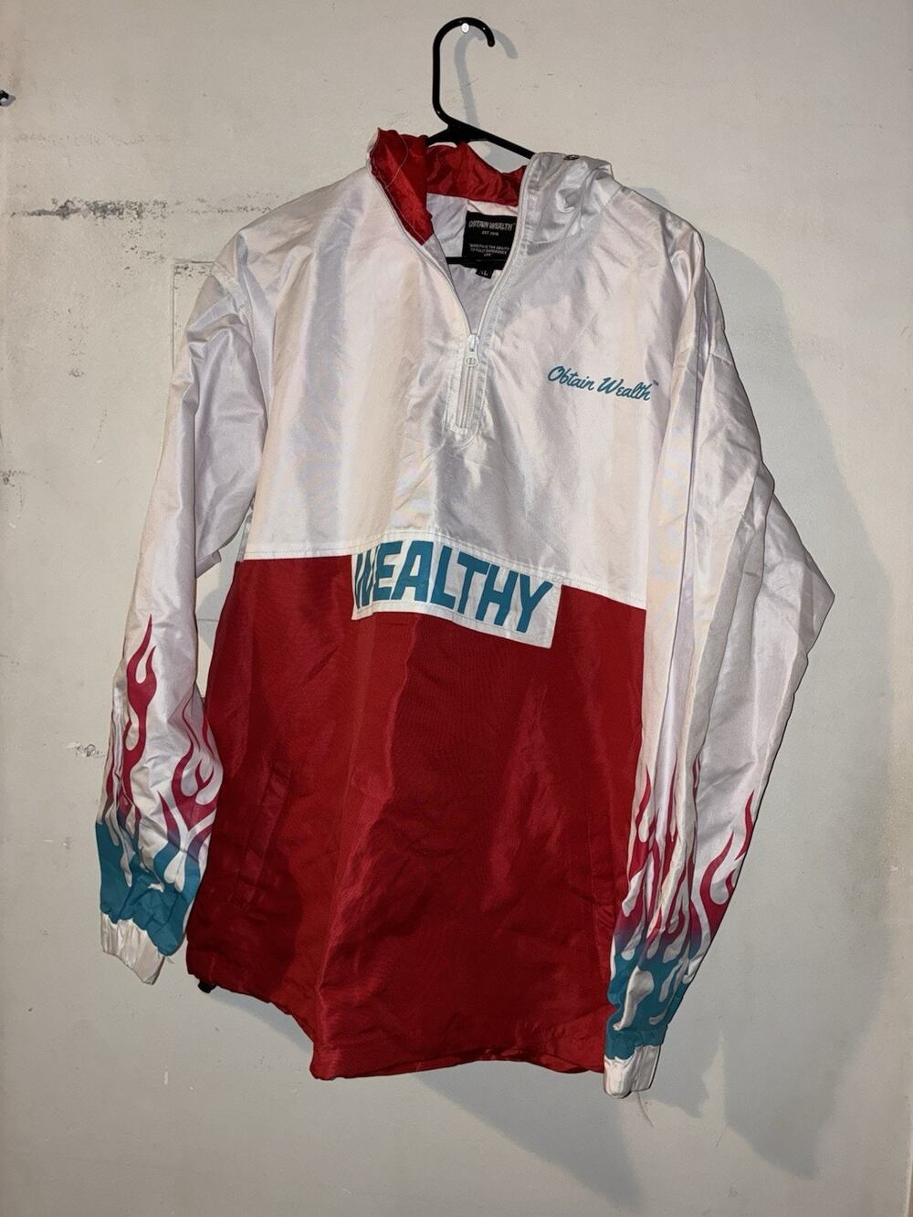 Obtain Wealth XL Flame Sleeve Windbreaker Jacket Red White Teal Streetwear